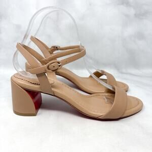 NEW Christian Louboutin Miss Jane 55 Leather Ankle Strap Block Heel Sandal Nude